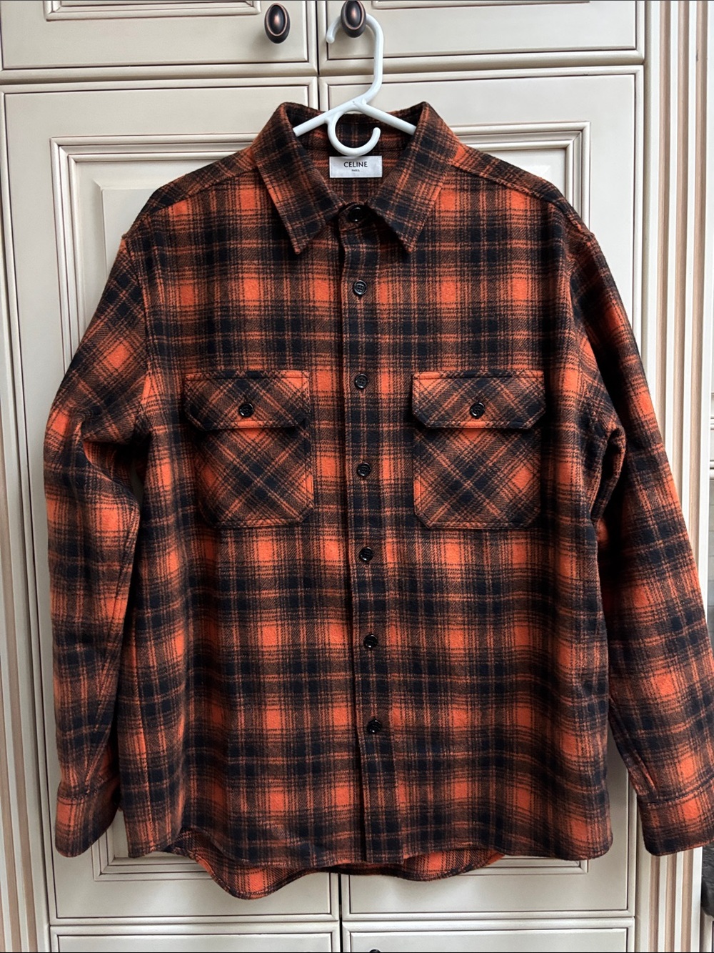 Celine Orange and Black Plaid Flannel Button-Down Shirt size 39 Chemise Trappeur